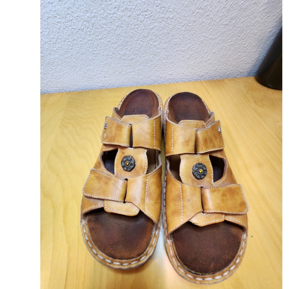Finn Comfort Women Tan Leather Slide Sandals Germany EU 41 US 10-10.5 Adjustable